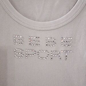 Bebe Sport Beige Ribbed Tank Top w/ Rhinestone Logo
